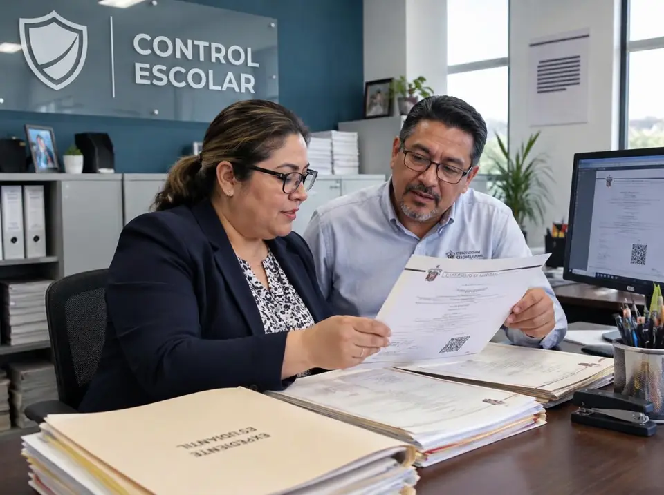 Personal latinoamericano de registro y control escolar revisando y preparando documentos oficiales en una oficina educativa
